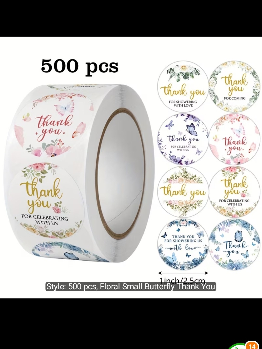 Floral Butterfly Thank You Sticker Roll - White/Gold Accents (500 pcs) New